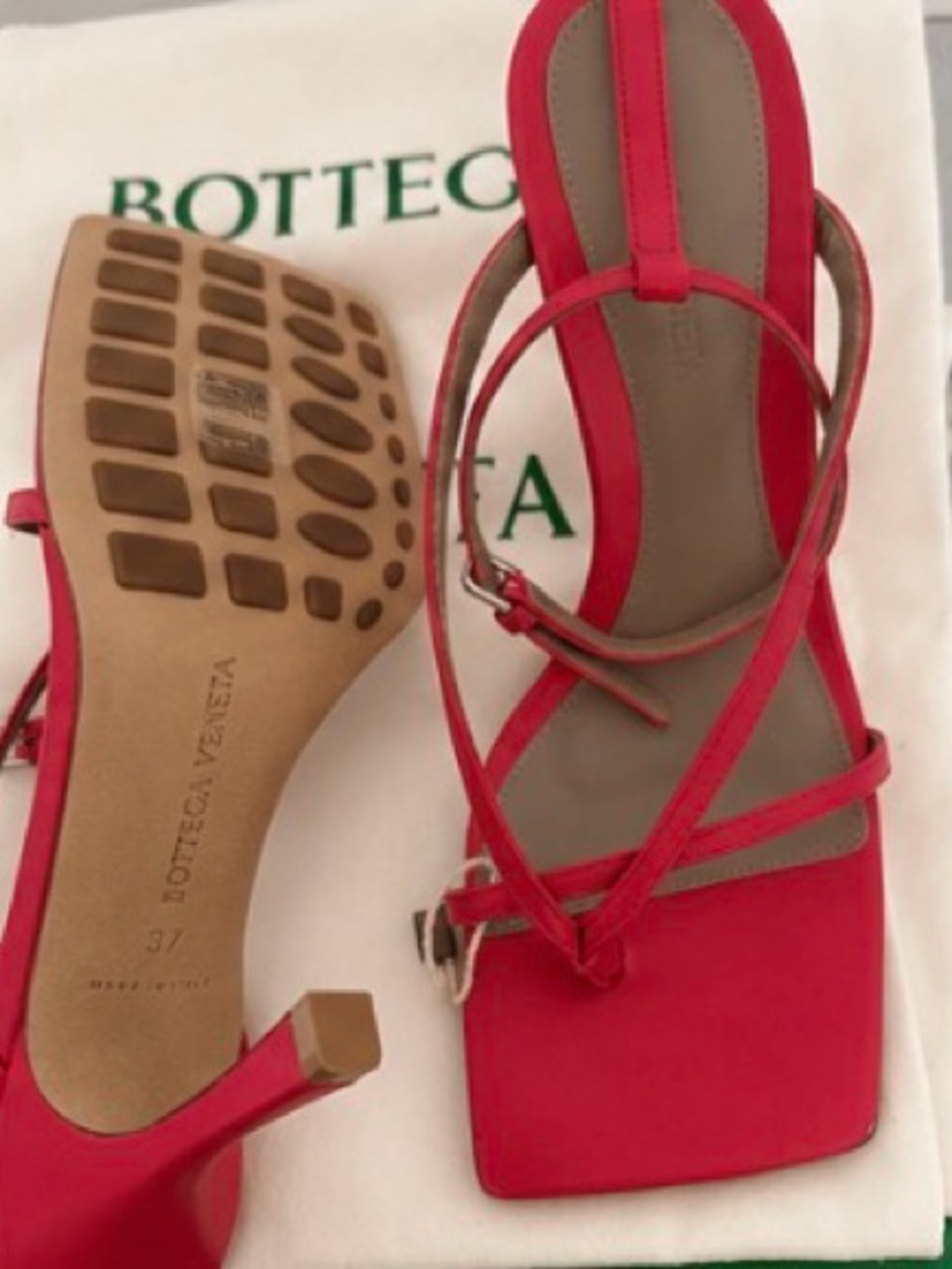 Bottega Veneta Pink-Red Strappy Square-Toe Heels - Picture 4 of 5